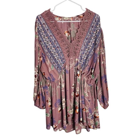 Romantic Gypsy Boho Blouse Womens 2X Purple Moody Floral Crocheted V Neck Flowy - Picture 1 of 9